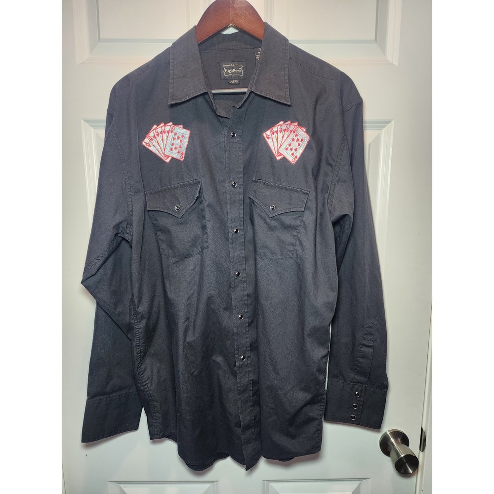 Vintage High Noon Western Pearl Snap Shirt Black Playing Cards Poker Mens Large